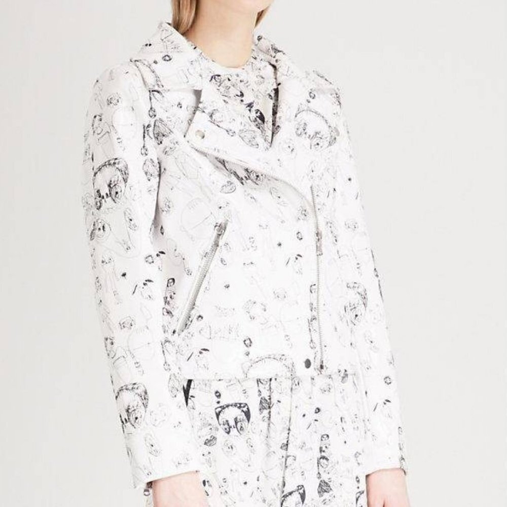 Shrimps Thistle Doodle Embroidered Faux Leather Jacket in White Small